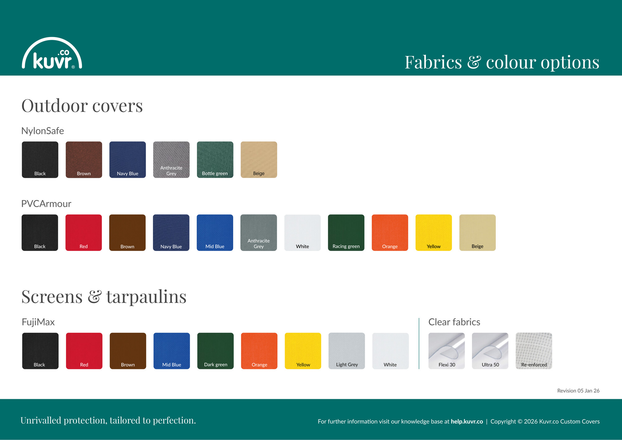 Kuvr.co colour chart for screens, tarpaulins and shaped covers